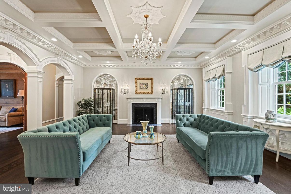 Chandelier, Fireplace, Interior, Living room, Recessed Lighting, Wood Texture Flooring