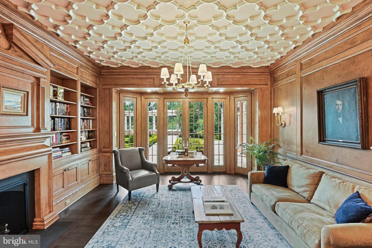 Chandelier, Fireplace, Interior, Living room, Wood Texture Flooring, Wooden Walls