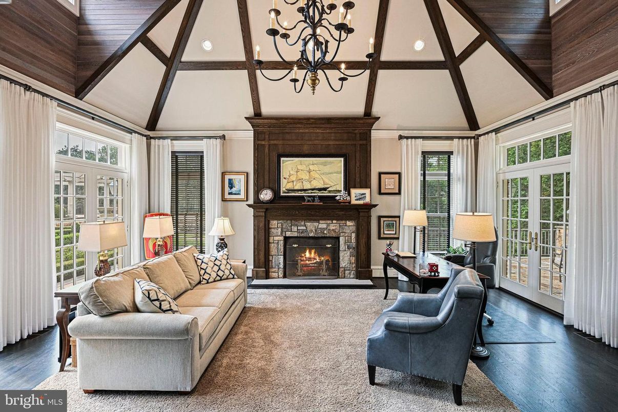 Chandelier, Fireplace, Interior, Living room, Recessed Lighting, Wooden Beams, Wood Texture Flooring