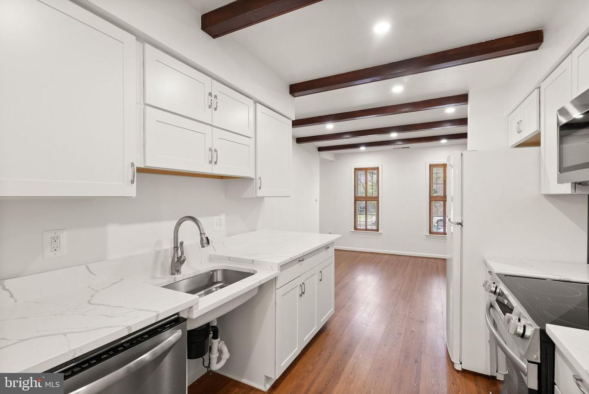 Interior, Kitchen, Recessed Lighting, Stainless Steel Appliances, Wooden Beams, Wood Texture Flooring