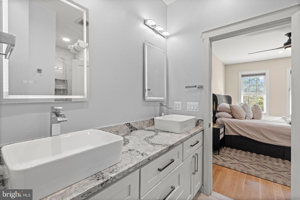 Bathroom, Bedroom, Dual Sink Vanities, Interior, Recessed Lighting, Wood Texture Flooring