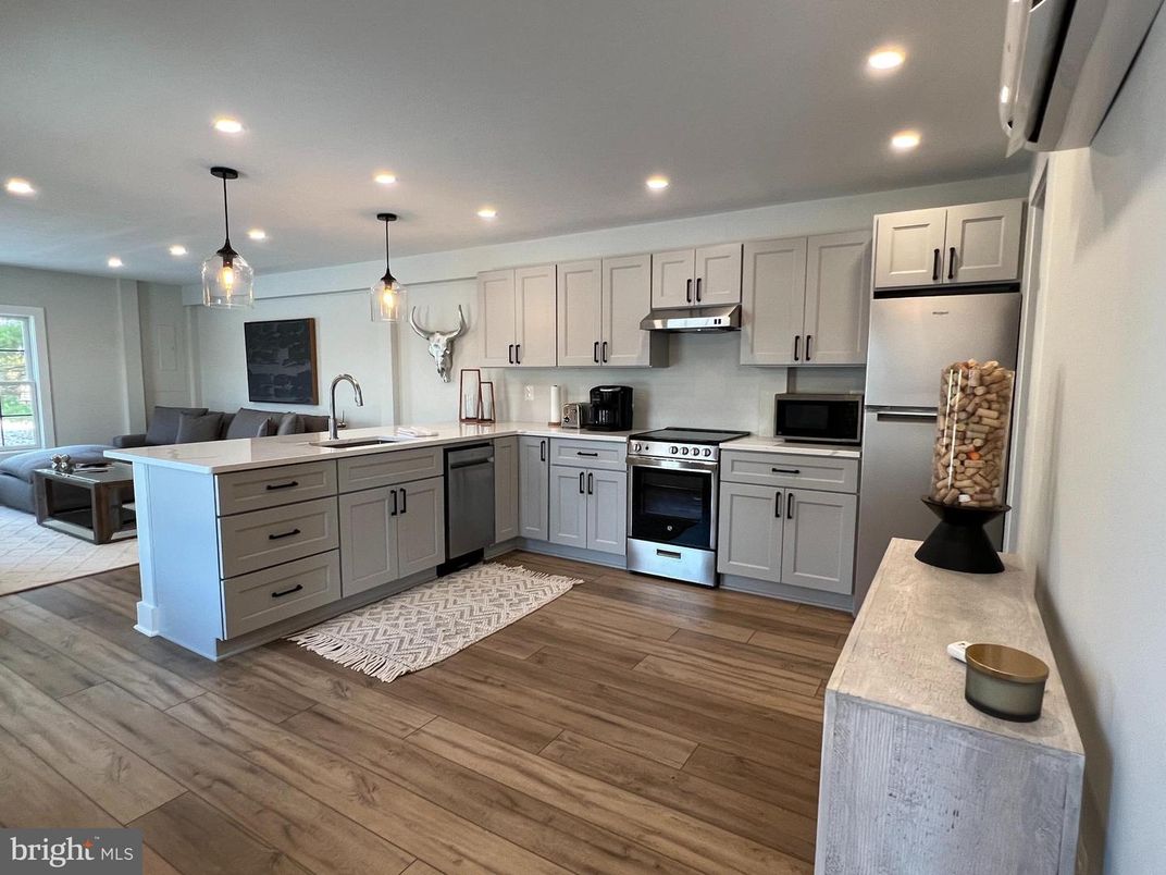 Interior, Kitchen, Pendant Lights, Recessed Lighting, Stainless Steel Appliances, Wood Texture Flooring