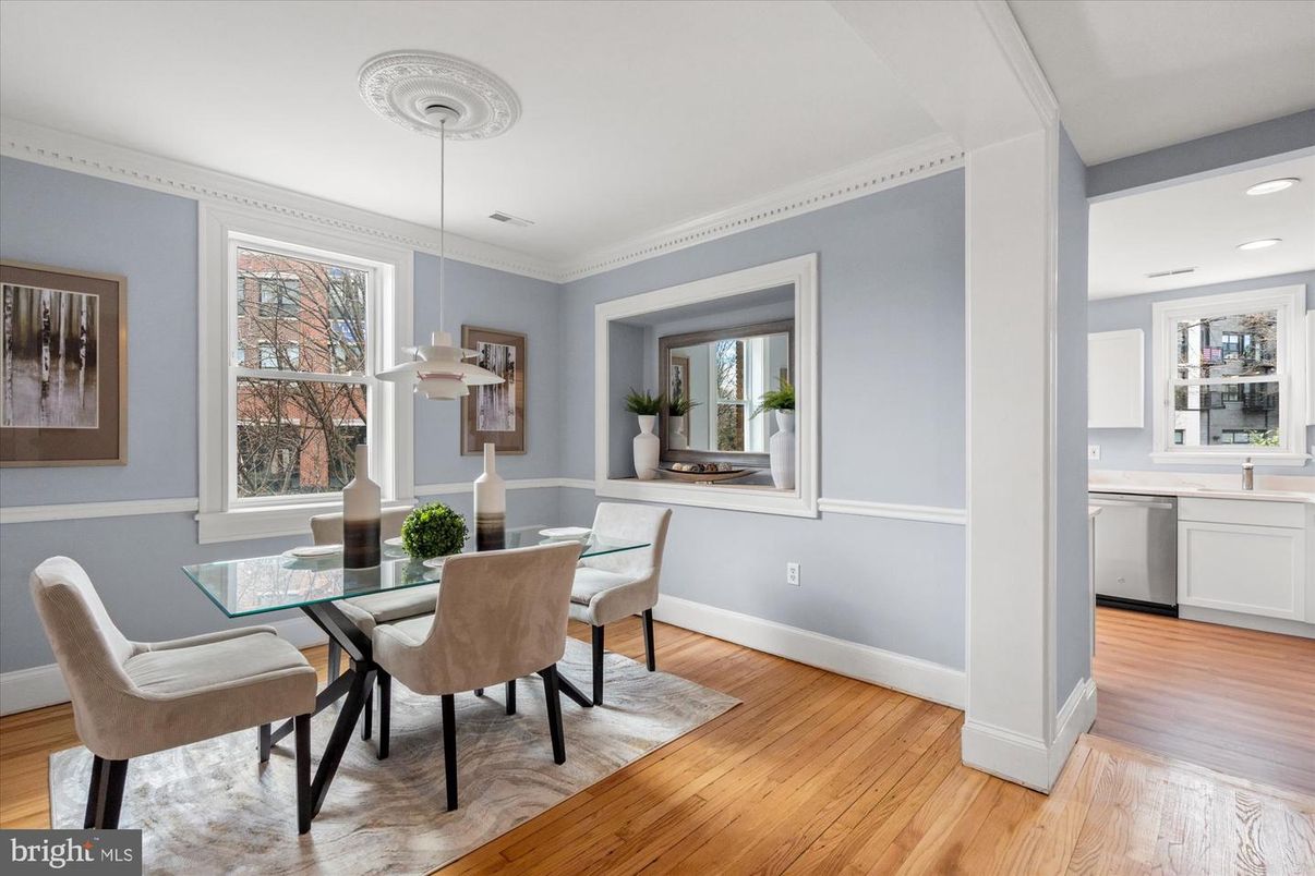 Dining room, Interior, Pendant Lights, Recessed Lighting, Wood Texture Flooring