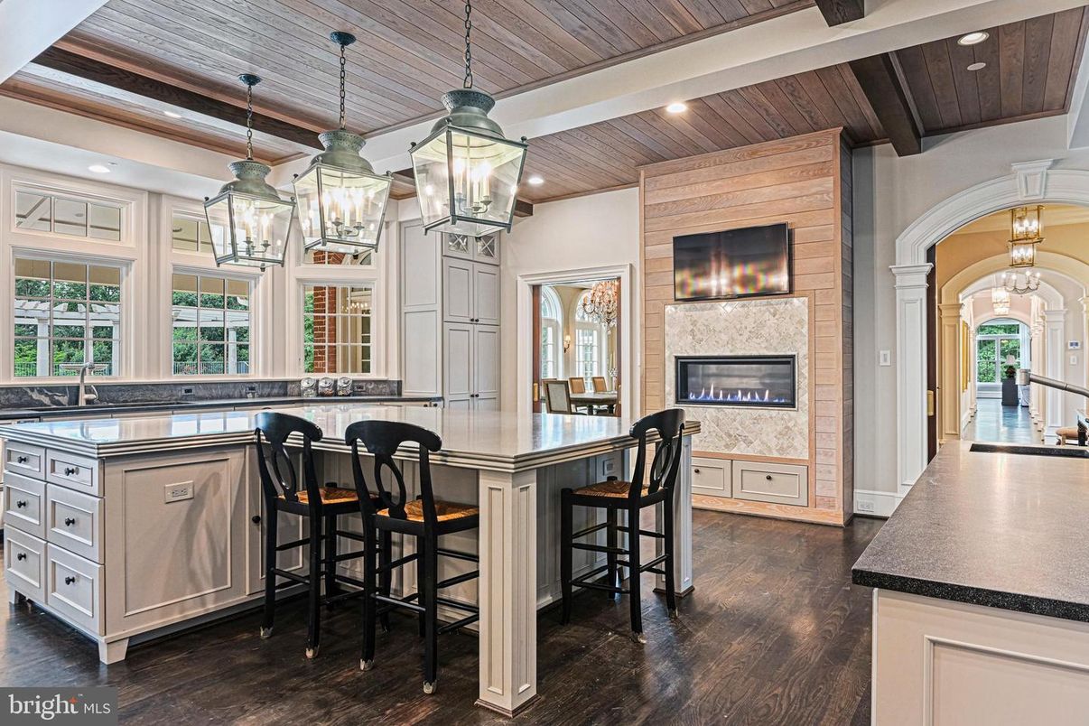 Fireplace, Interior, Kitchen, Pendant Lights, Recessed Lighting, Wooden Beams, Wooden Ceilings, Wood Texture Flooring