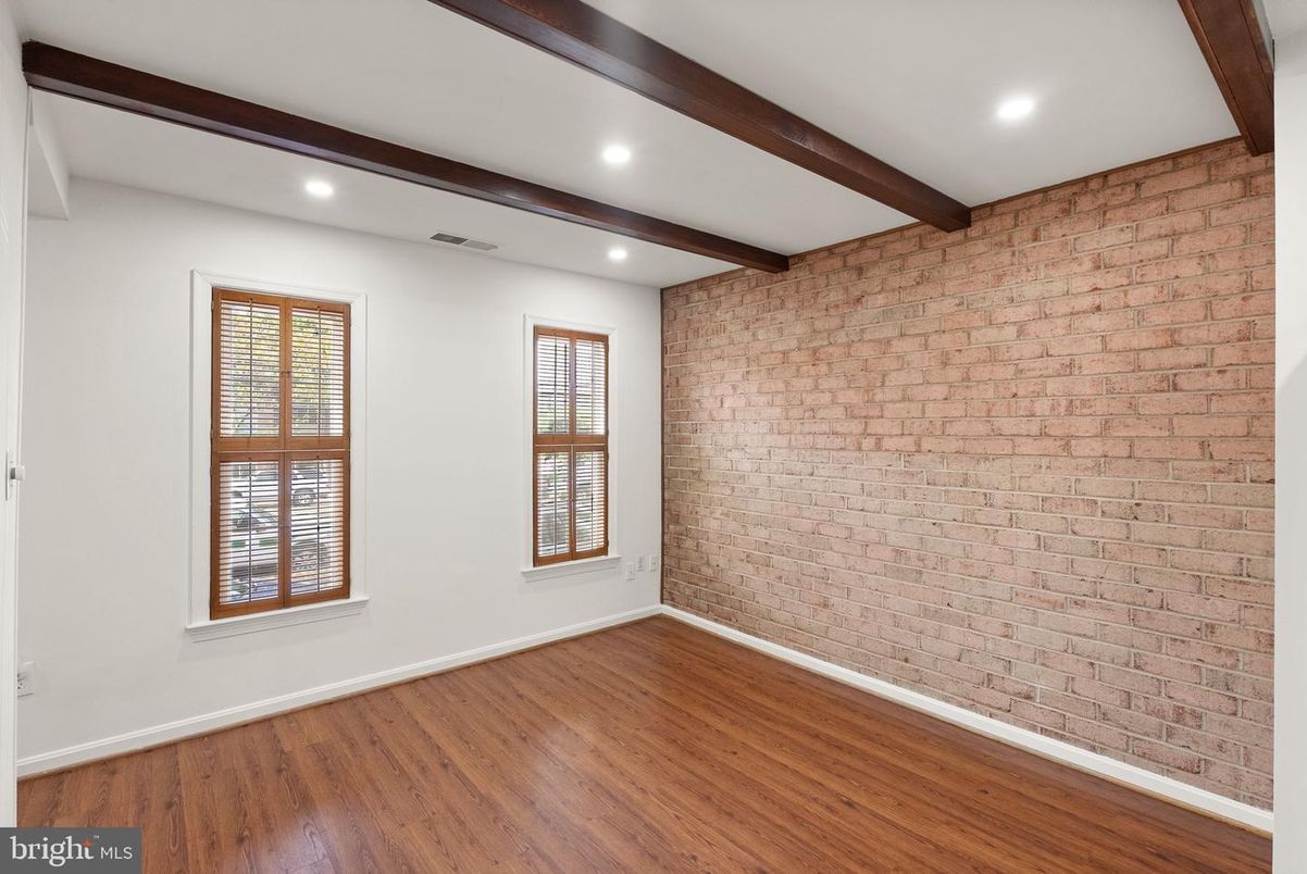 Empty room, Interior, Recessed Lighting, Stone Walls, Wooden Beams, Wood Texture Flooring