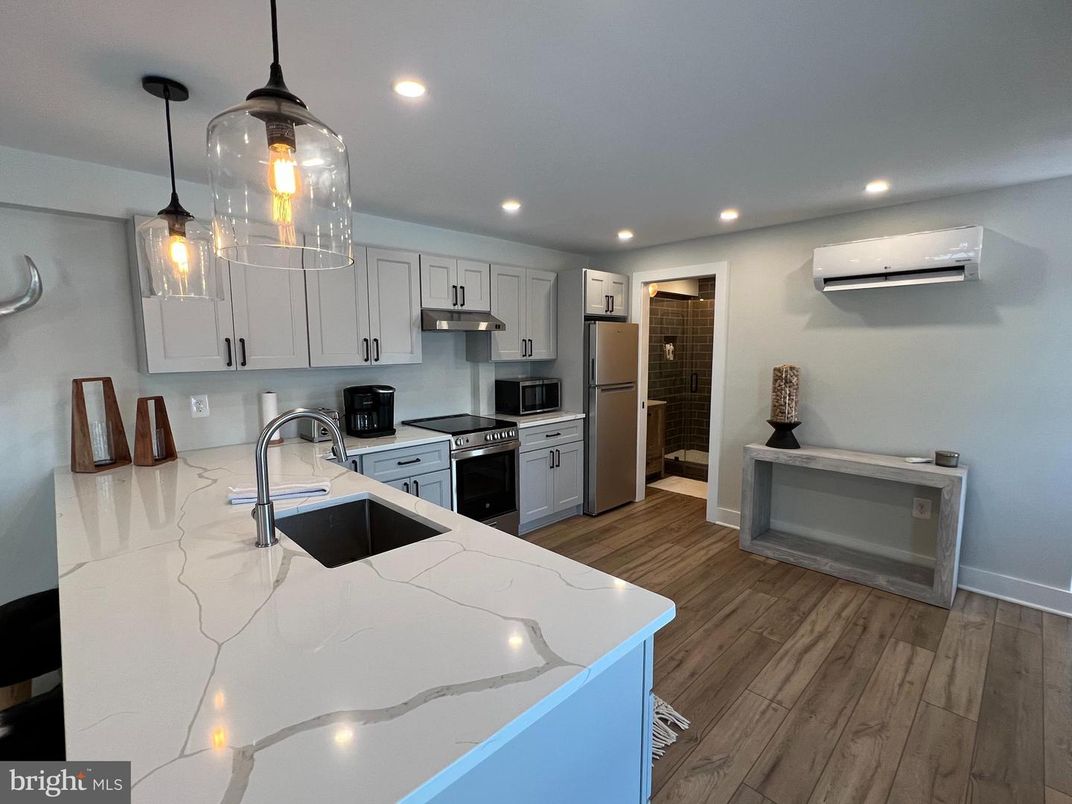 Interior, Kitchen, Pendant Lights, Recessed Lighting, Stainless Steel Appliances, Wood Texture Flooring