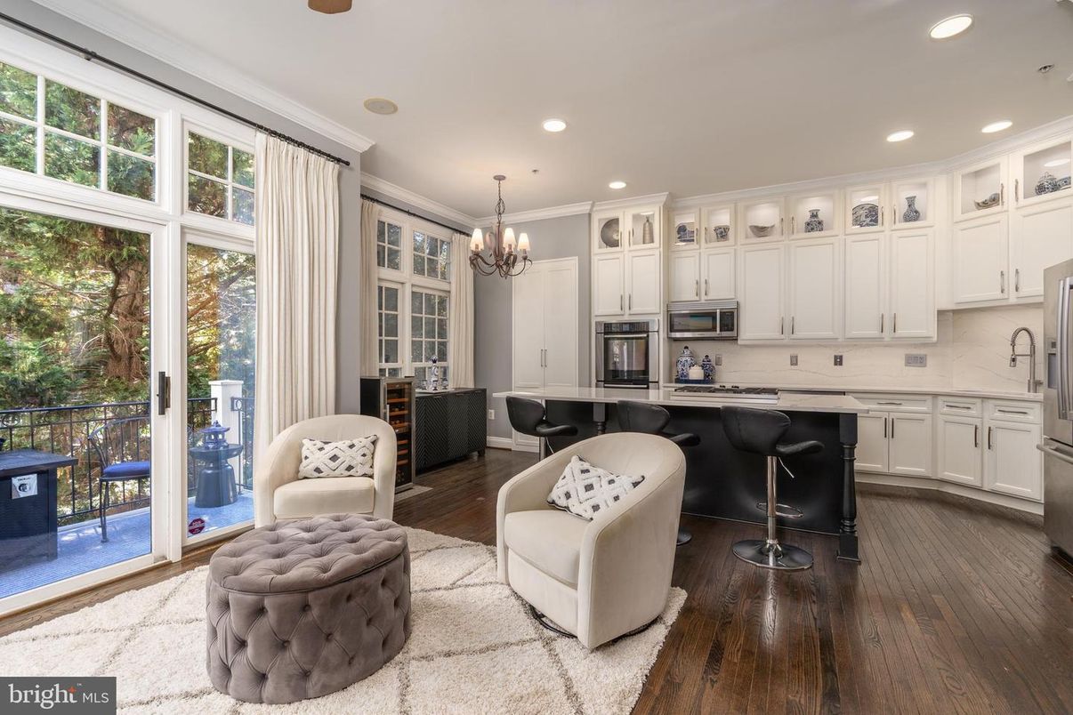 Chandelier, Interior, Kitchen, Recessed Lighting, Stainless Steel Appliances, Wood Texture Flooring