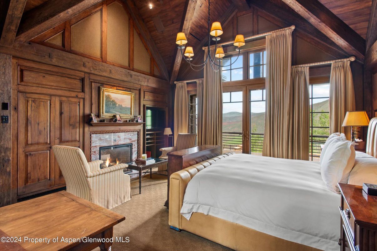 Bedroom, Chandelier, Fireplace, Interior, Recessed Lighting, Wooden Beams, Wooden Ceilings, Wooden Walls