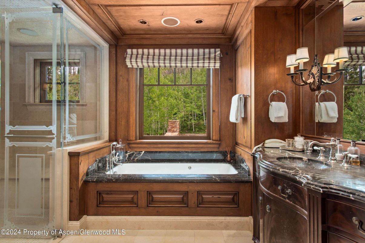 Bathroom, Glass Shower, Interior, Recessed Lighting, Wooden Ceilings, Wooden Walls