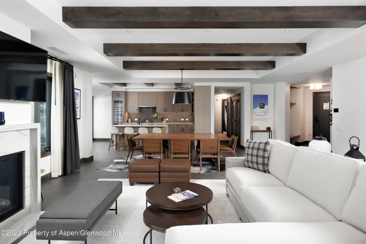 Dining room, Fireplace, Interior, Kitchen, Living room, Pendant Lights, Recessed Lighting, Wooden Beams