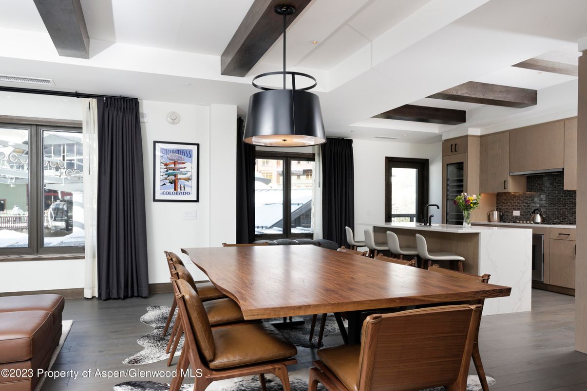 Dining room, Interior, Kitchen, Recessed Lighting, Wooden Beams, Wood Texture Flooring