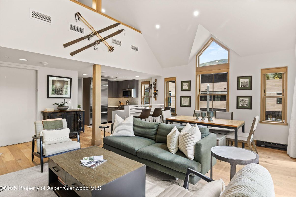 Dining room, Interior, Kitchen, Living room, Recessed Lighting, Stainless Steel Appliances, Wood Texture Flooring