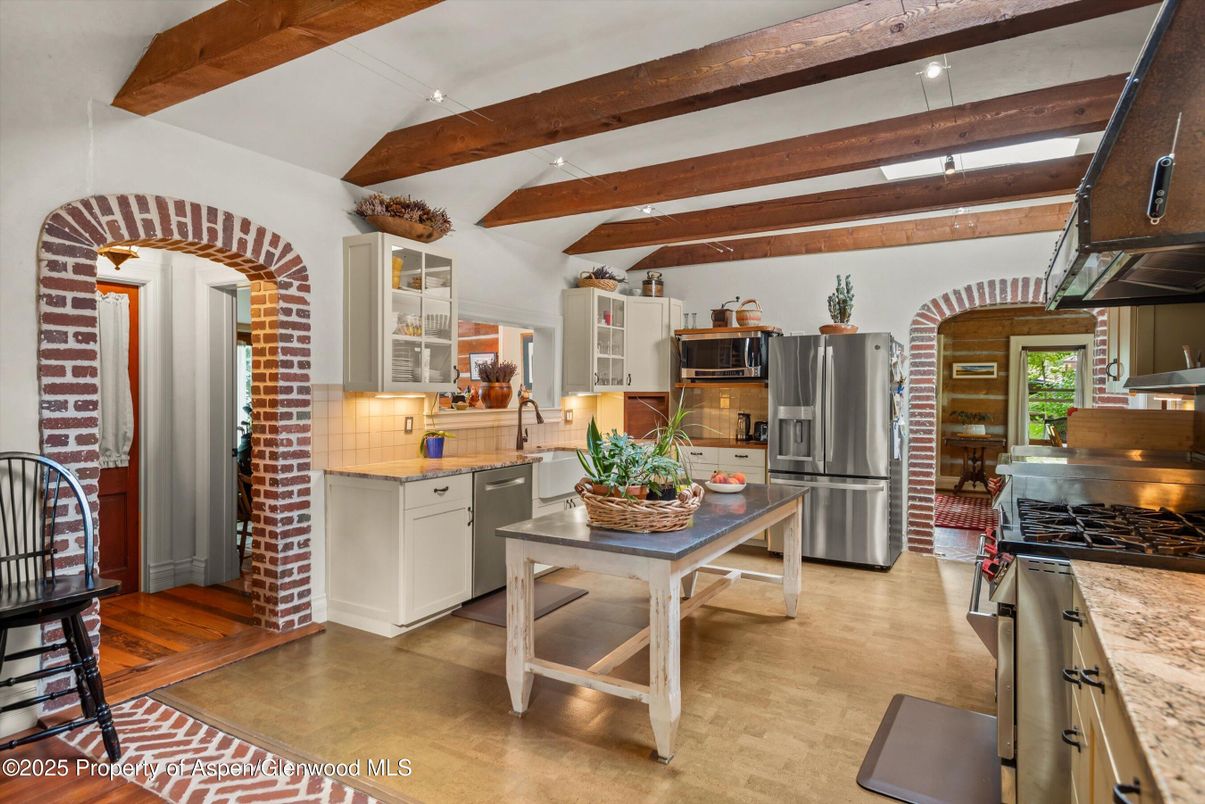 Interior, Kitchen, Recessed Lighting, Stainless Steel Appliances, Wooden Beams, Wood Texture Flooring