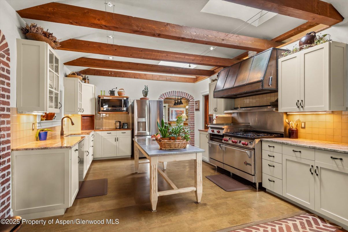 Interior, Kitchen, Recessed Lighting, Stainless Steel Appliances, Wooden Beams, Wood Texture Flooring