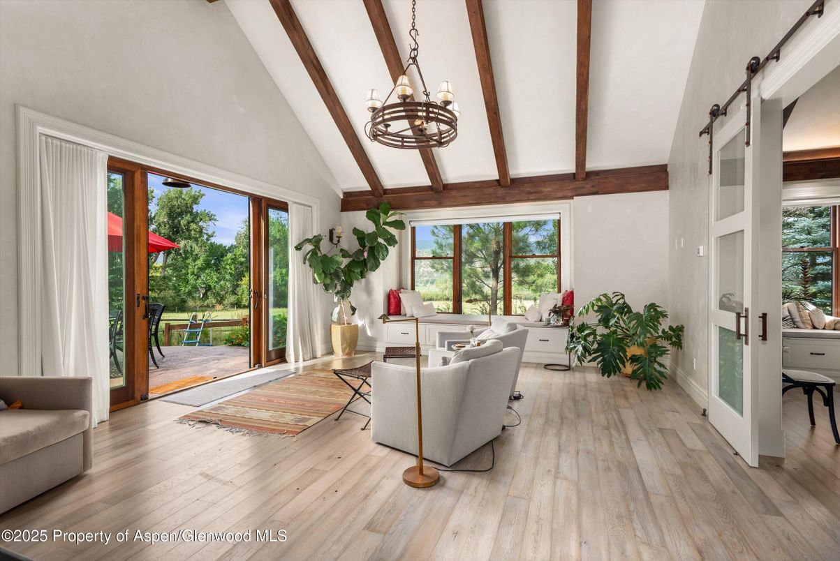 Chandelier, Home Office, Interior, Wooden Beams, Wood Texture Flooring