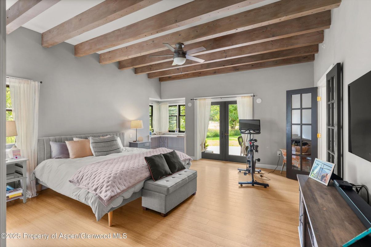 Bedroom, Fitness Equipment, Interior, Wooden Beams, Wooden Ceilings, Wood Texture Flooring