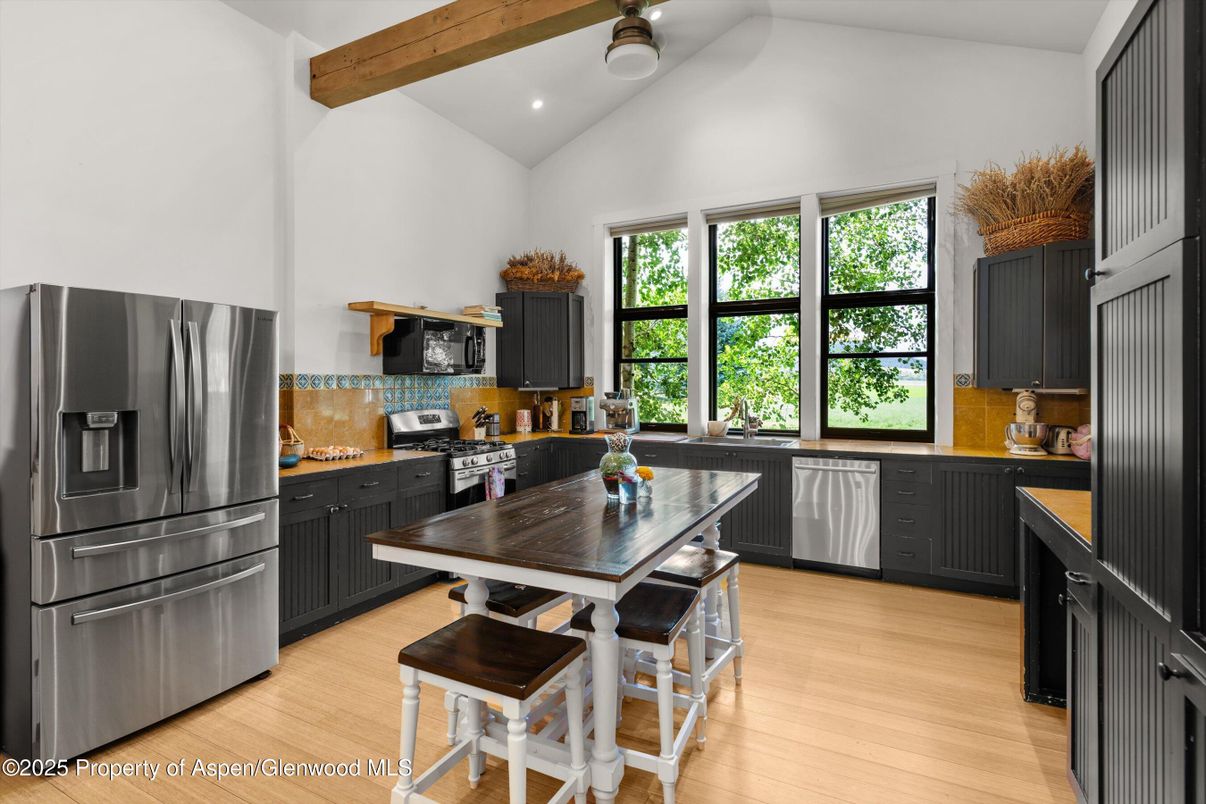 Interior, Kitchen, Recessed Lighting, Stainless Steel Appliances, Wooden Beams, Wood Texture Flooring