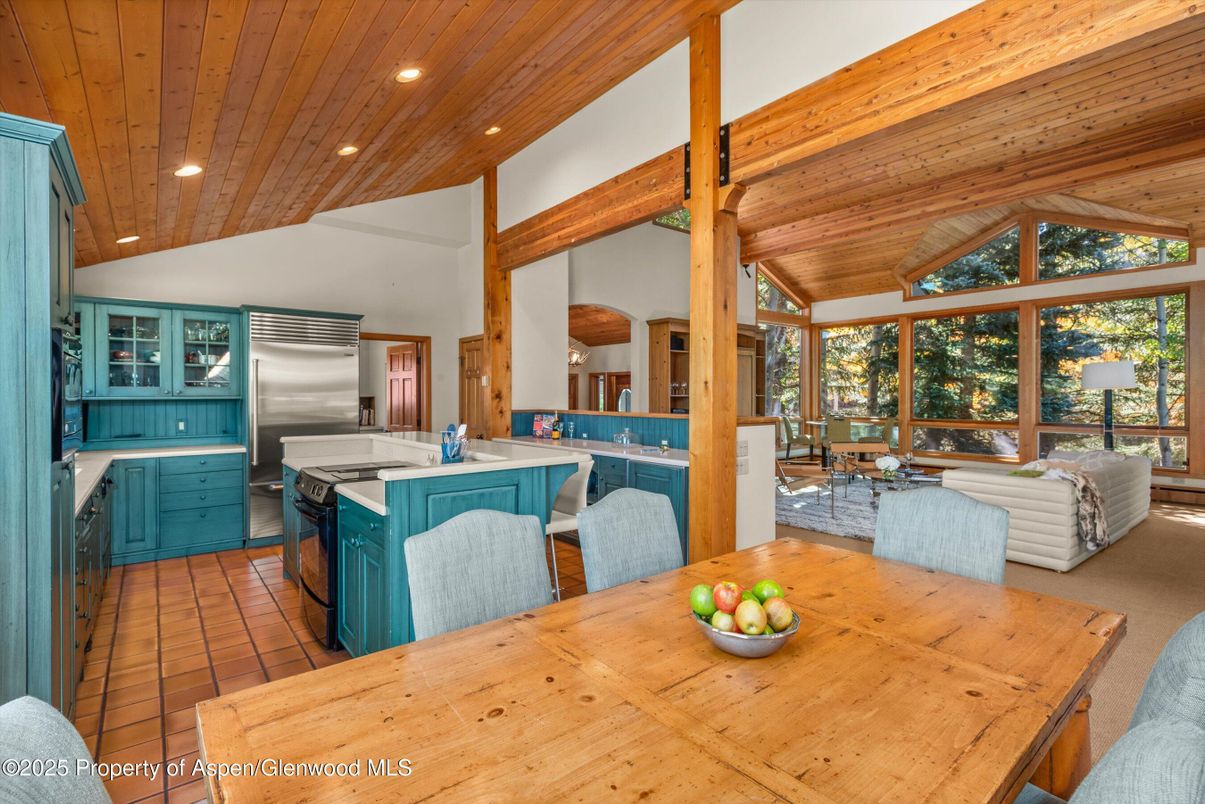 Dining room, Interior, Kitchen, Living room, Recessed Lighting, Stainless Steel Appliances, Wooden Beams, Wooden Ceilings