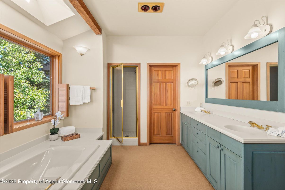 Bathroom, Dual Sink Vanities, Glass Shower, Interior, Wooden Beams