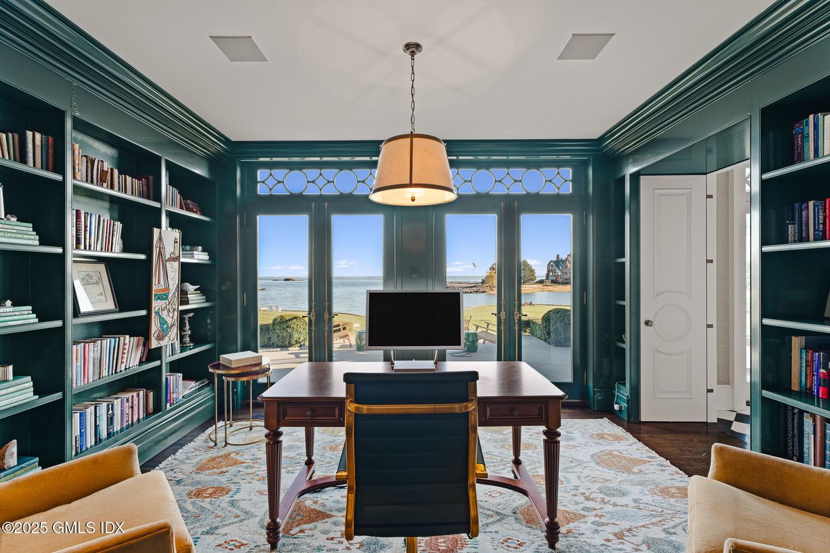 Home Office, Interior, Pendant Lights, Water, Wood Texture Flooring