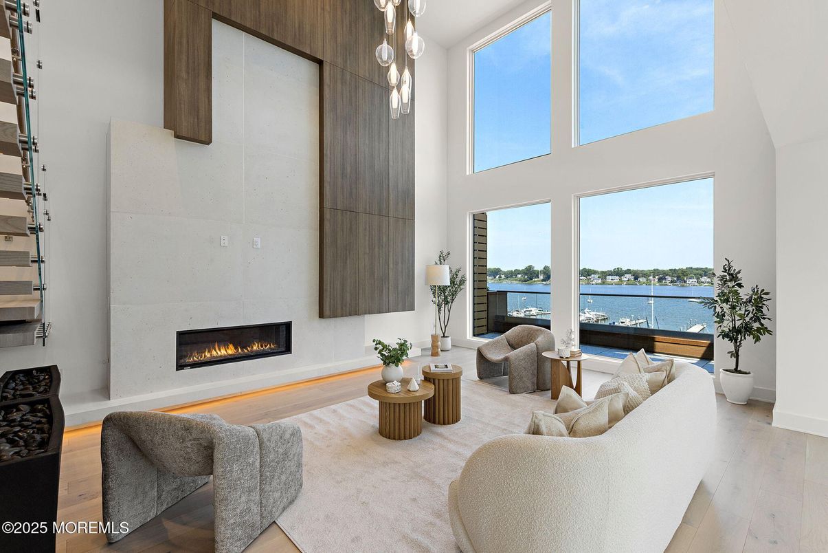 Fireplace, Interior, Living room, Pendant Lights, Water, Wood Texture Flooring