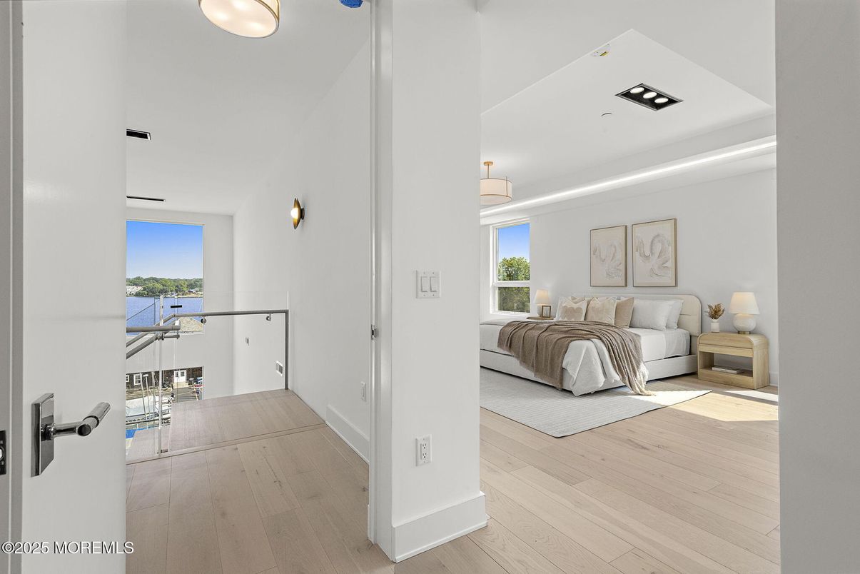 Bedroom, Interior, Recessed Lighting, Water, Wood Texture Flooring