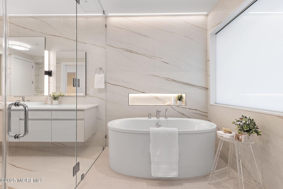 Bathroom, Free Standing Baths, Glass Shower, Interior, Marble Walls