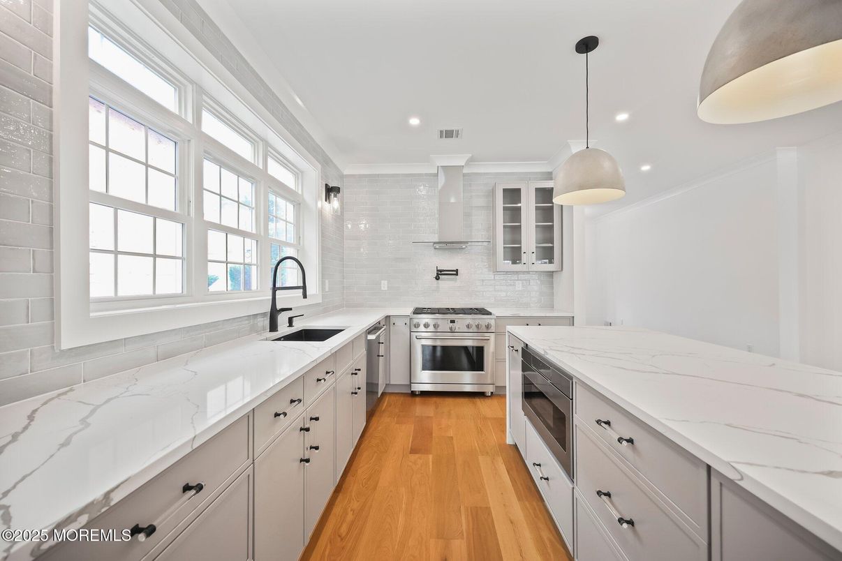 Interior, Kitchen, Pendant Lights, Recessed Lighting, Stainless Steel Appliances, Wood Texture Flooring