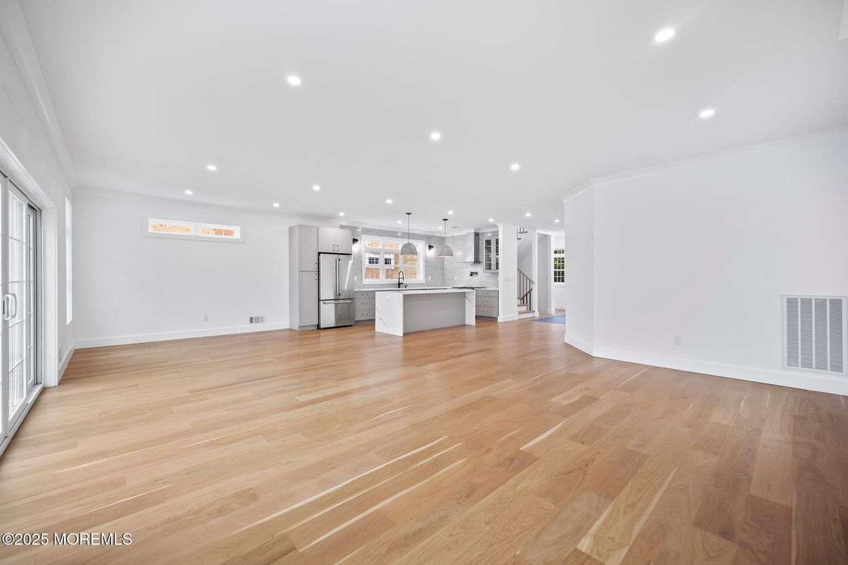 Empty room, Interior, Kitchen, Pendant Lights, Recessed Lighting, Wood Texture Flooring