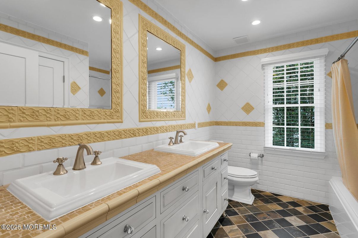 Bathroom, Dual Sink Vanities, Interior, Recessed Lighting, Tile Countertops