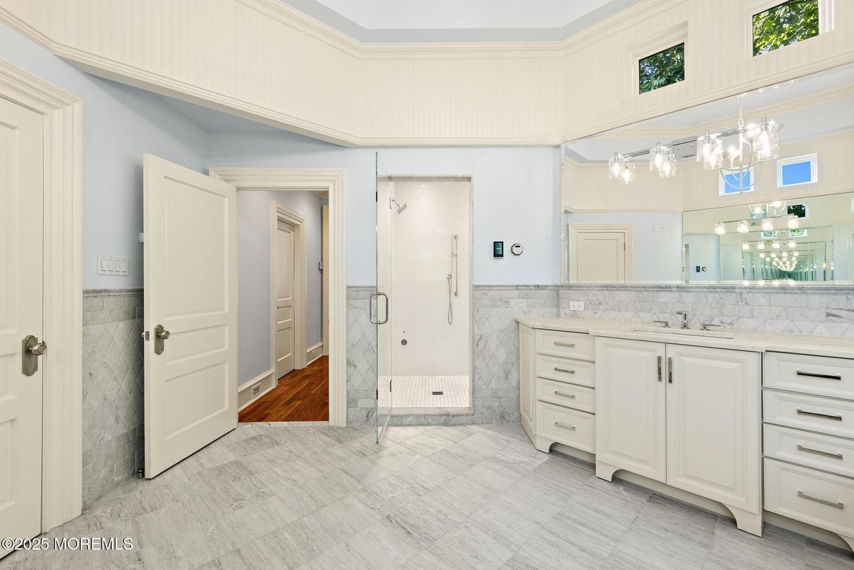 Bathroom, Glass Shower, Interior, Pendant Lights, Wood Texture Flooring