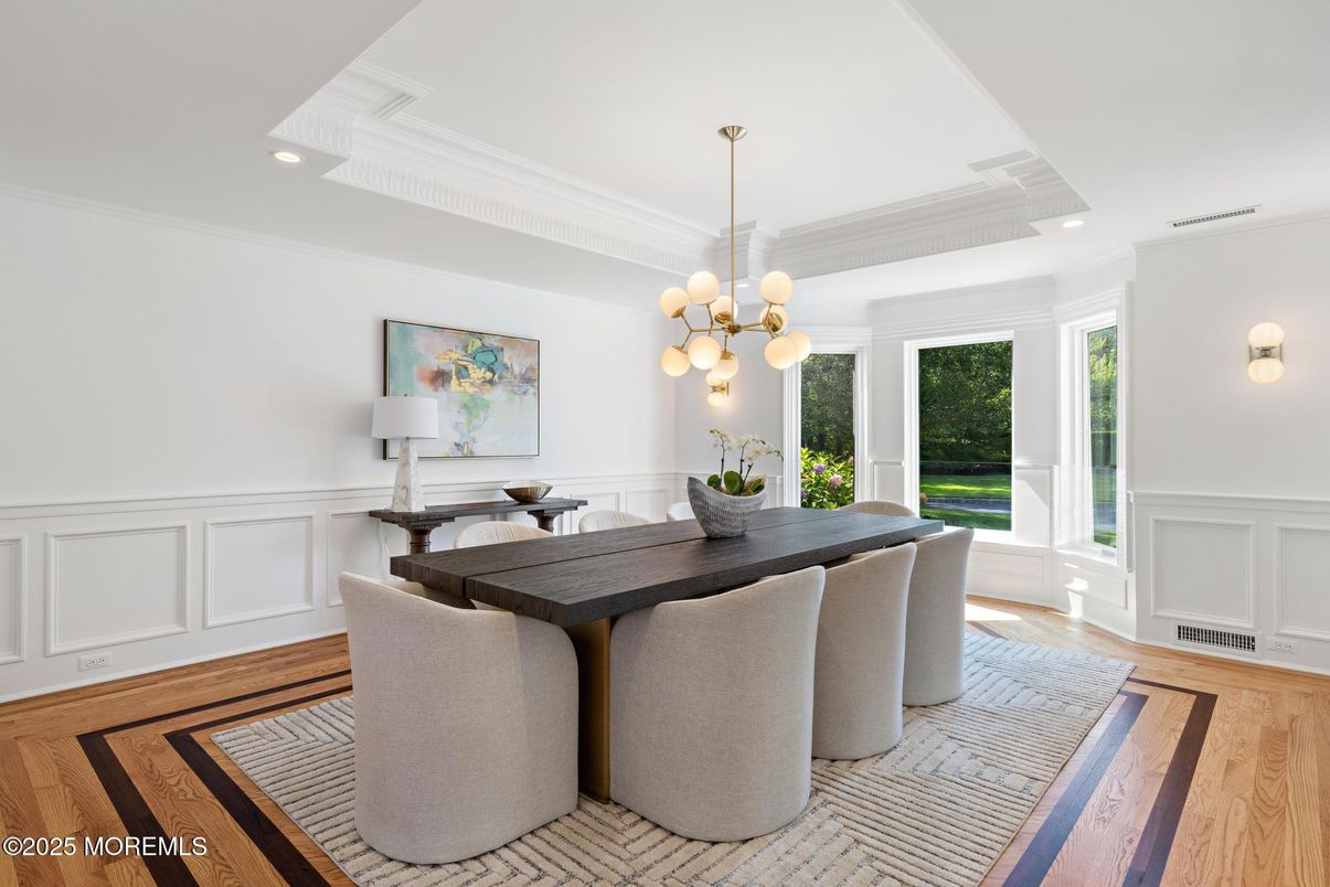 Dining room, Interior, Pendant Lights, Recessed Lighting, Wood Texture Flooring