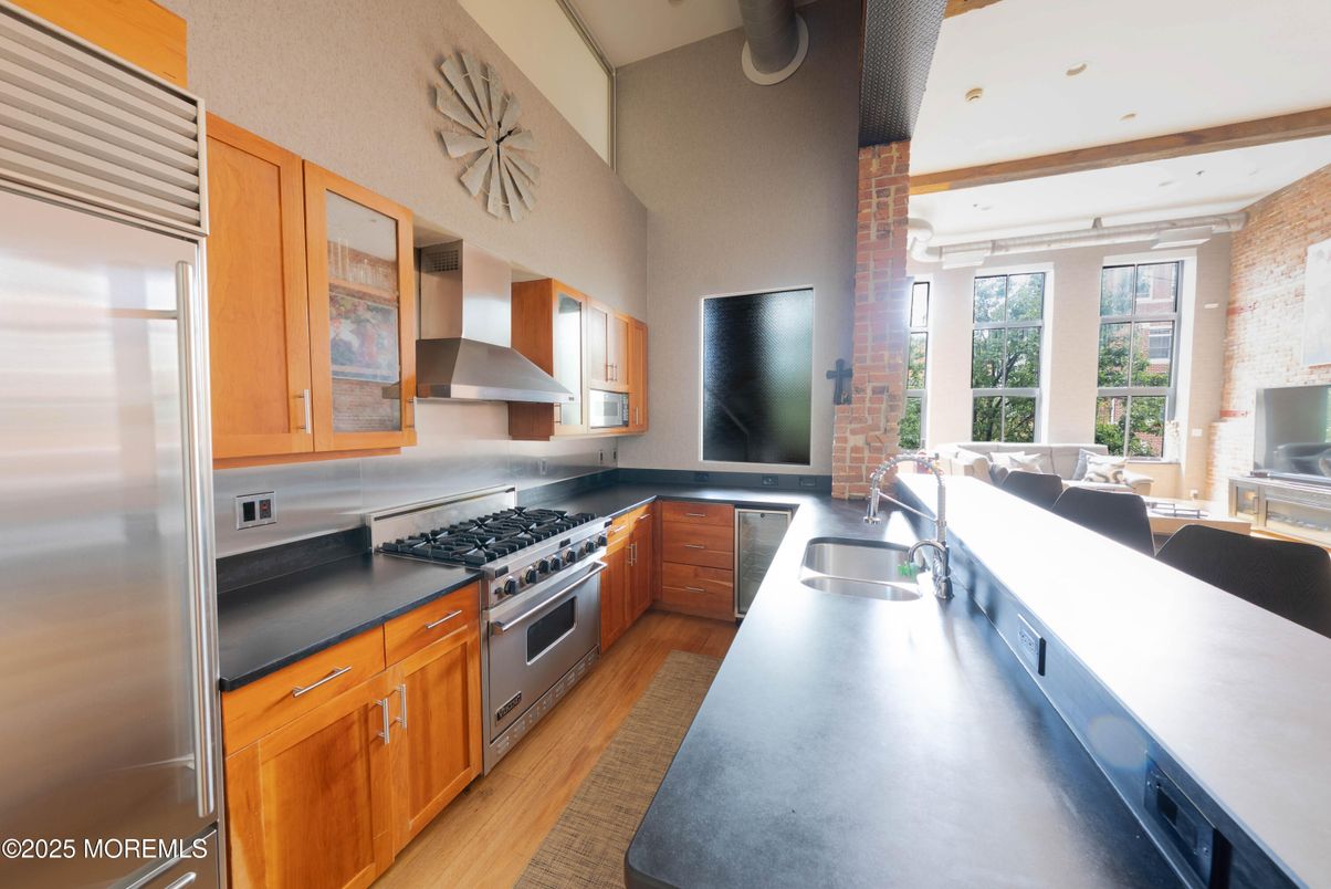 Interior, Kitchen, Living room, Recessed Lighting, Stainless Steel Appliances, Wooden Beams, Wood Texture Flooring