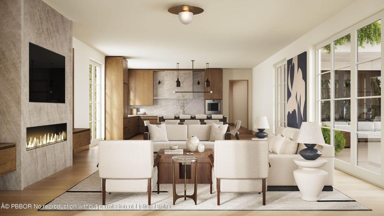 Dining room, Fireplace, Interior, Living room, Pendant Lights, Wood Texture Flooring