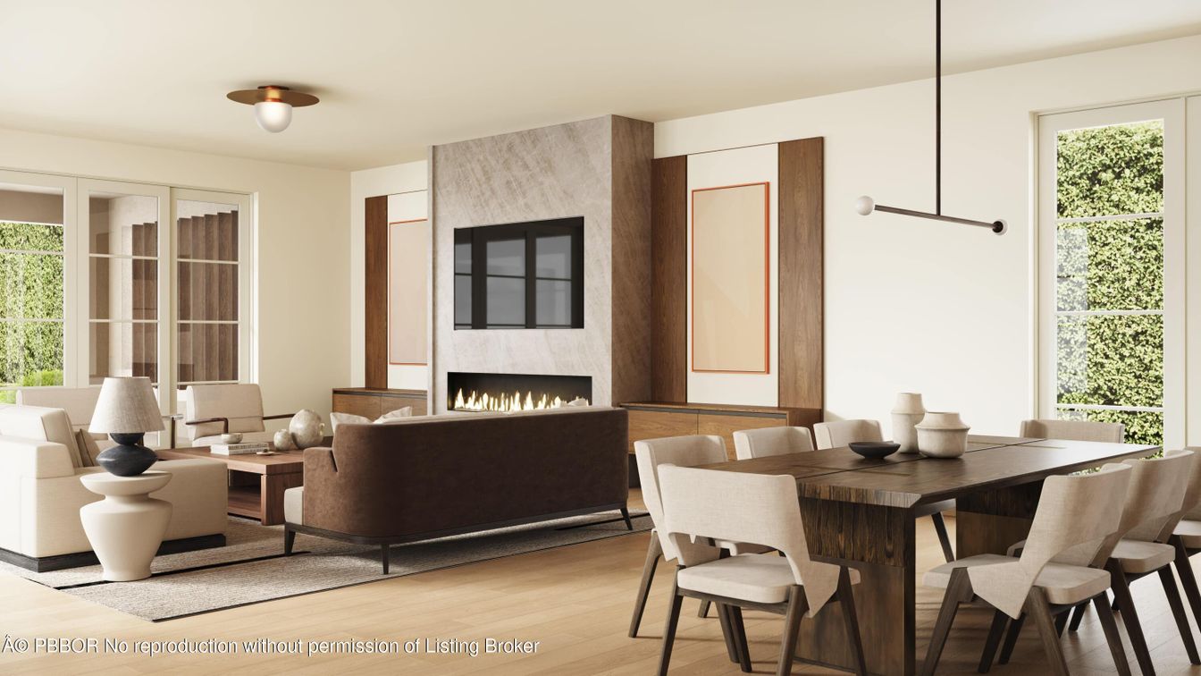 Dining room, Fireplace, Interior, Living room, Pendant Lights, Wood Texture Flooring