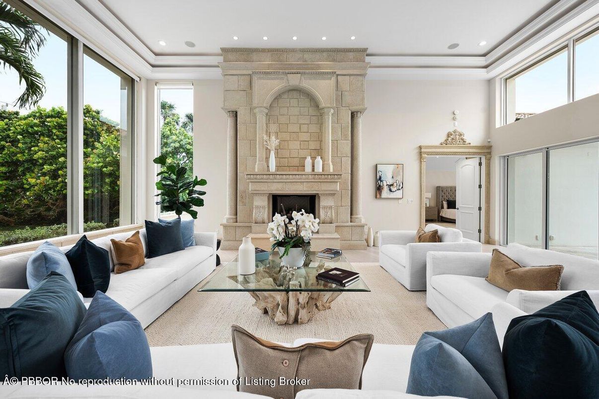 Fireplace, Interior, Living room, Recessed Lighting, Stone Walls