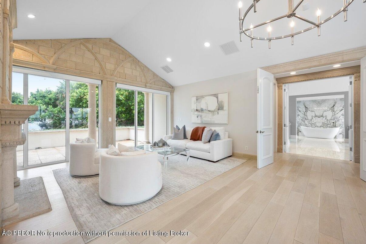 Chandelier, Fireplace, Interior, Living room, Recessed Lighting, Wood Texture Flooring