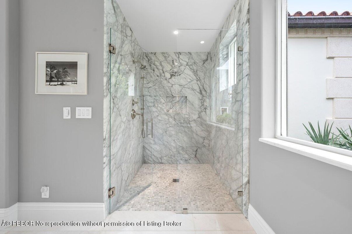 Bathroom, Glass Shower, Interior, Marble Walls, Recessed Lighting