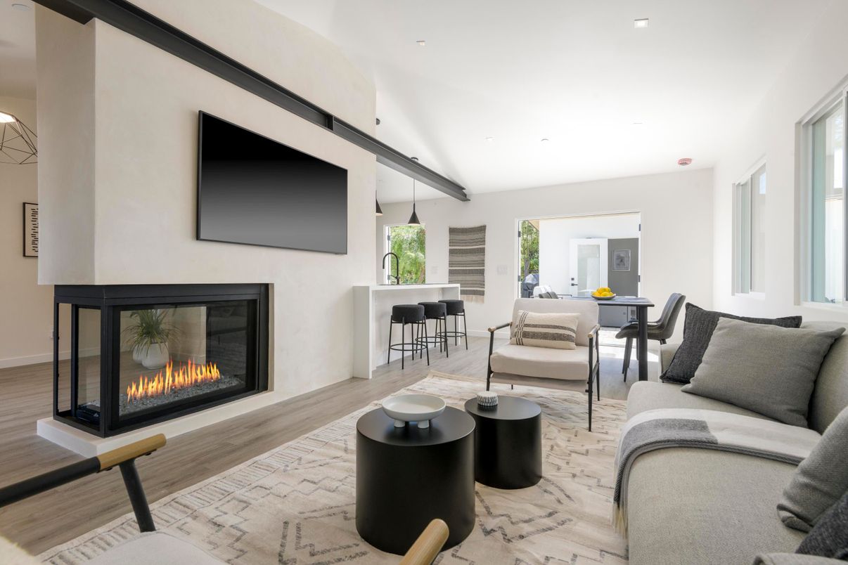 Dining room, Fireplace, Interior, Living room, Recessed Lighting, Wood Texture Flooring