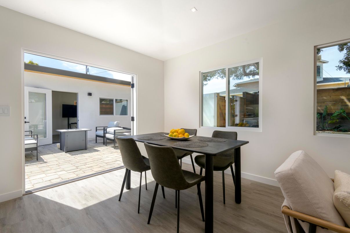 Dining room, Interior, Living room, Recessed Lighting, Wood Texture Flooring