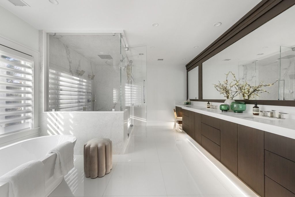 Bathroom, Glass Shower, Interior, Marble Walls, Recessed Lighting