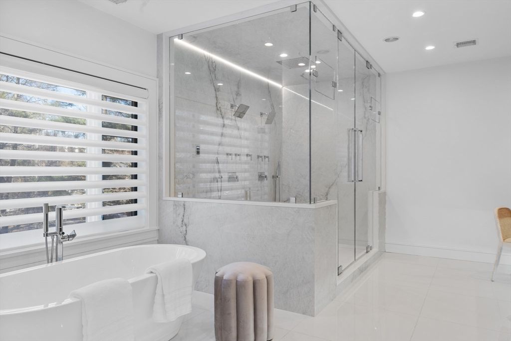 Bathroom, Free Standing Baths, Glass Shower, Interior, Marble Walls, Recessed Lighting