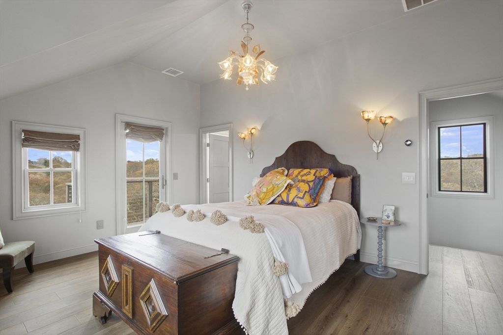 Bedroom, Chandelier, Interior, Wood Texture Flooring