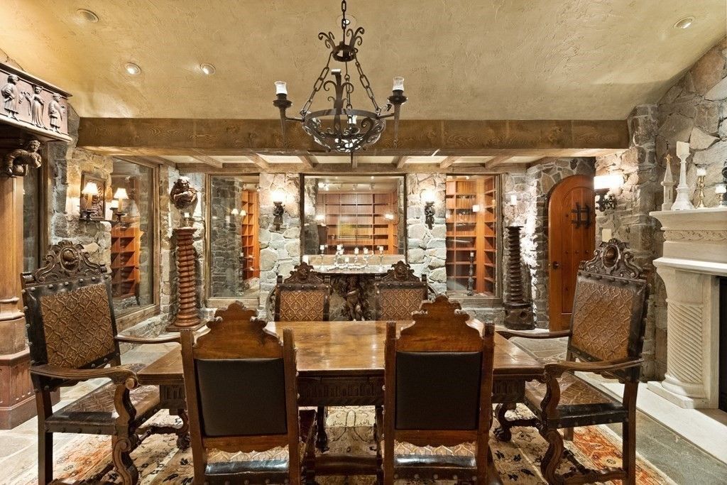Chandelier, Dining room, Interior, Recessed Lighting, Stone Walls