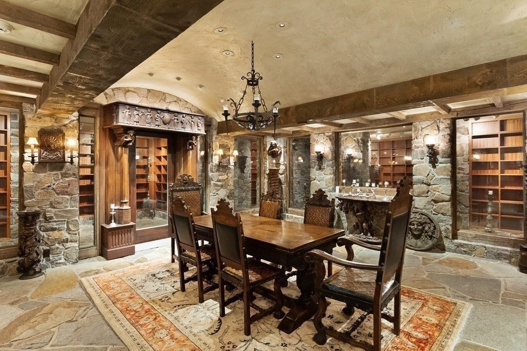 Chandelier, Dining room, Interior, Recessed Lighting, Stone Walls, Wine Storage