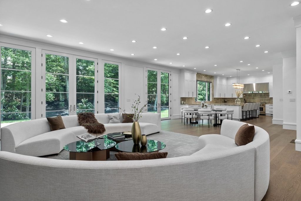 Chandelier, Dining room, Interior, Kitchen, Living room, Recessed Lighting, Wood Texture Flooring