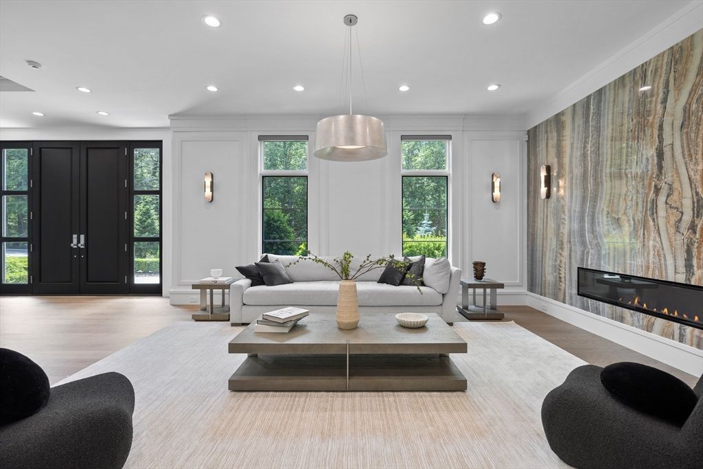 Fireplace, Interior, Living room, Pendant Lights, Recessed Lighting, Wood Texture Flooring