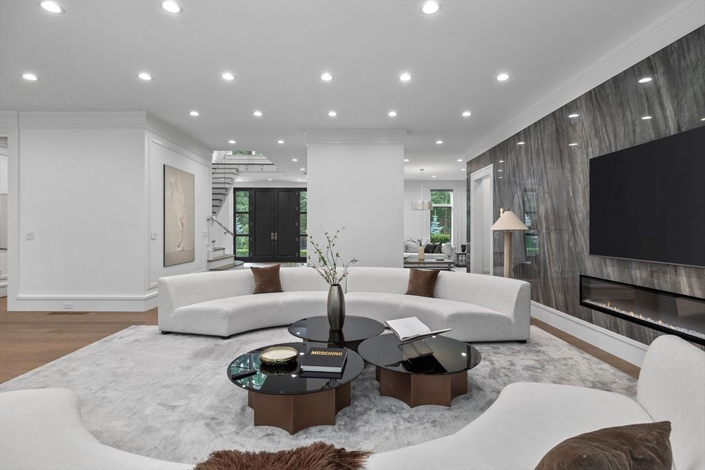 Fireplace, Interior, Living room, Recessed Lighting, Wood Texture Flooring