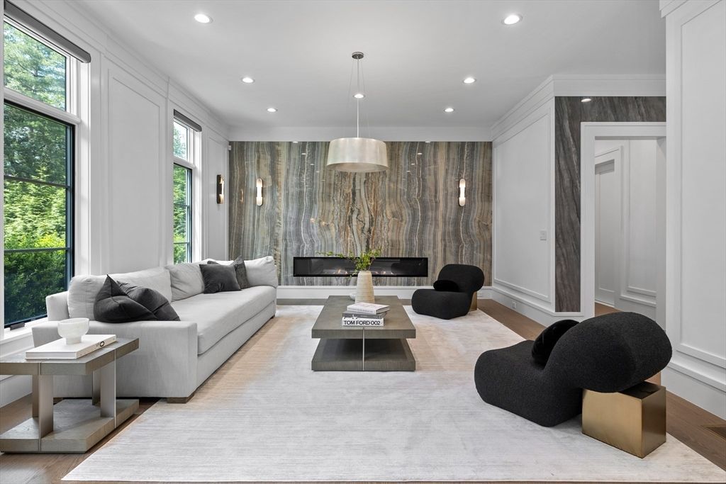 Fireplace, Interior, Living room, Pendant Lights, Recessed Lighting, Wood Texture Flooring