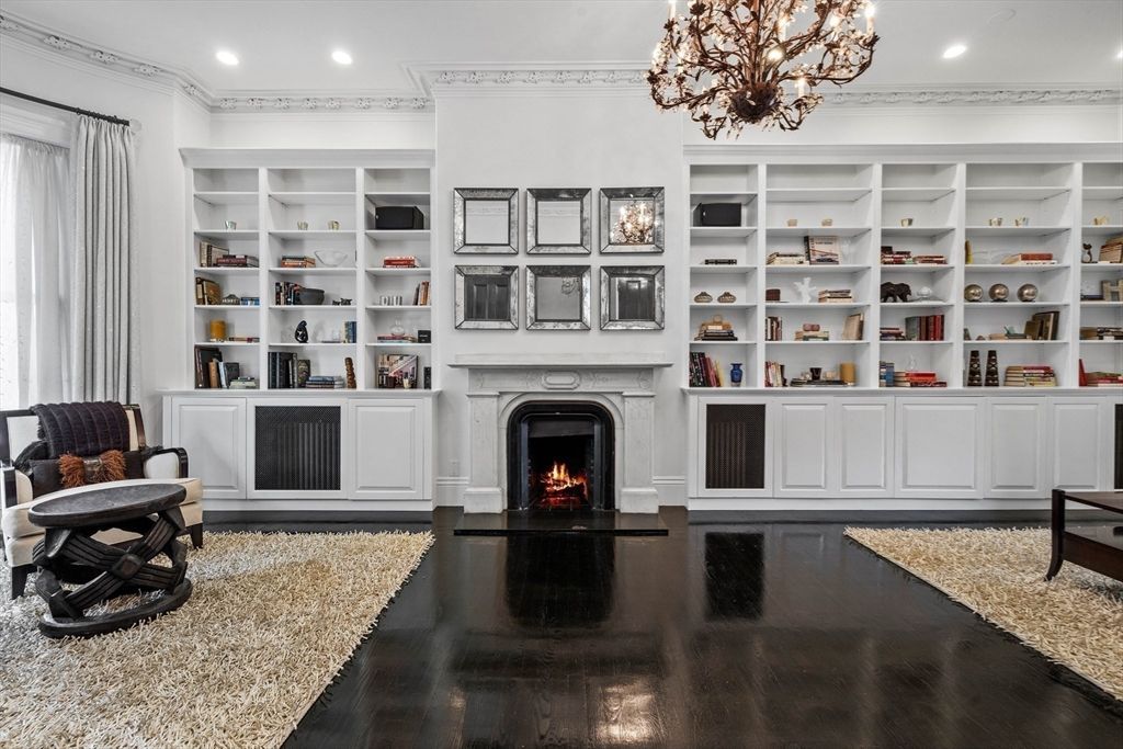 Chandelier, Fireplace, Interior, Recessed Lighting, Wood Texture Flooring